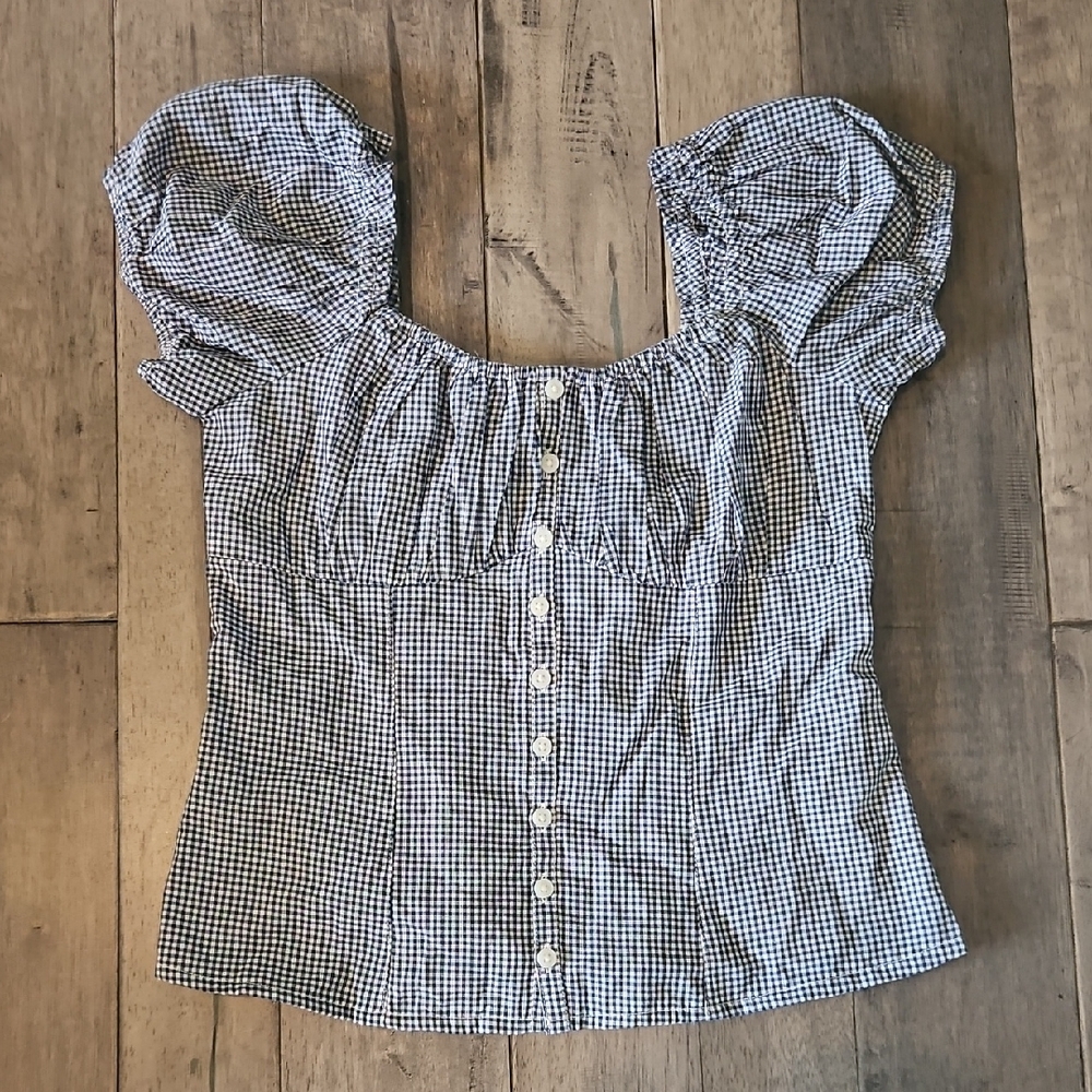 NWT Hollister Navy/White Checkered Puff Sleeve Button-Up Blouse - Women's Small
